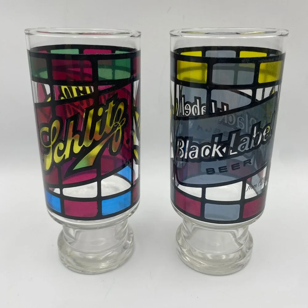 Vintage Stained Glass Beer Glasses Set of 6 PBR Miller Schlitz Falstaff Schaefer